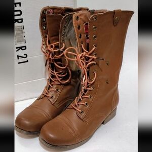 Forever 21 Lace Up Tan Combat Boots  - Red/Plaid Interior - Women's  Size 6